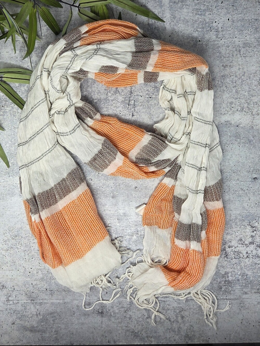 White Orange Brown Striped Long Scarf with Fringe